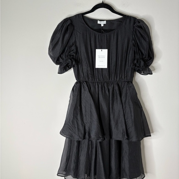 S’edge Black Puff Sleeve Mini Organza Dress - Picture 2 of 4